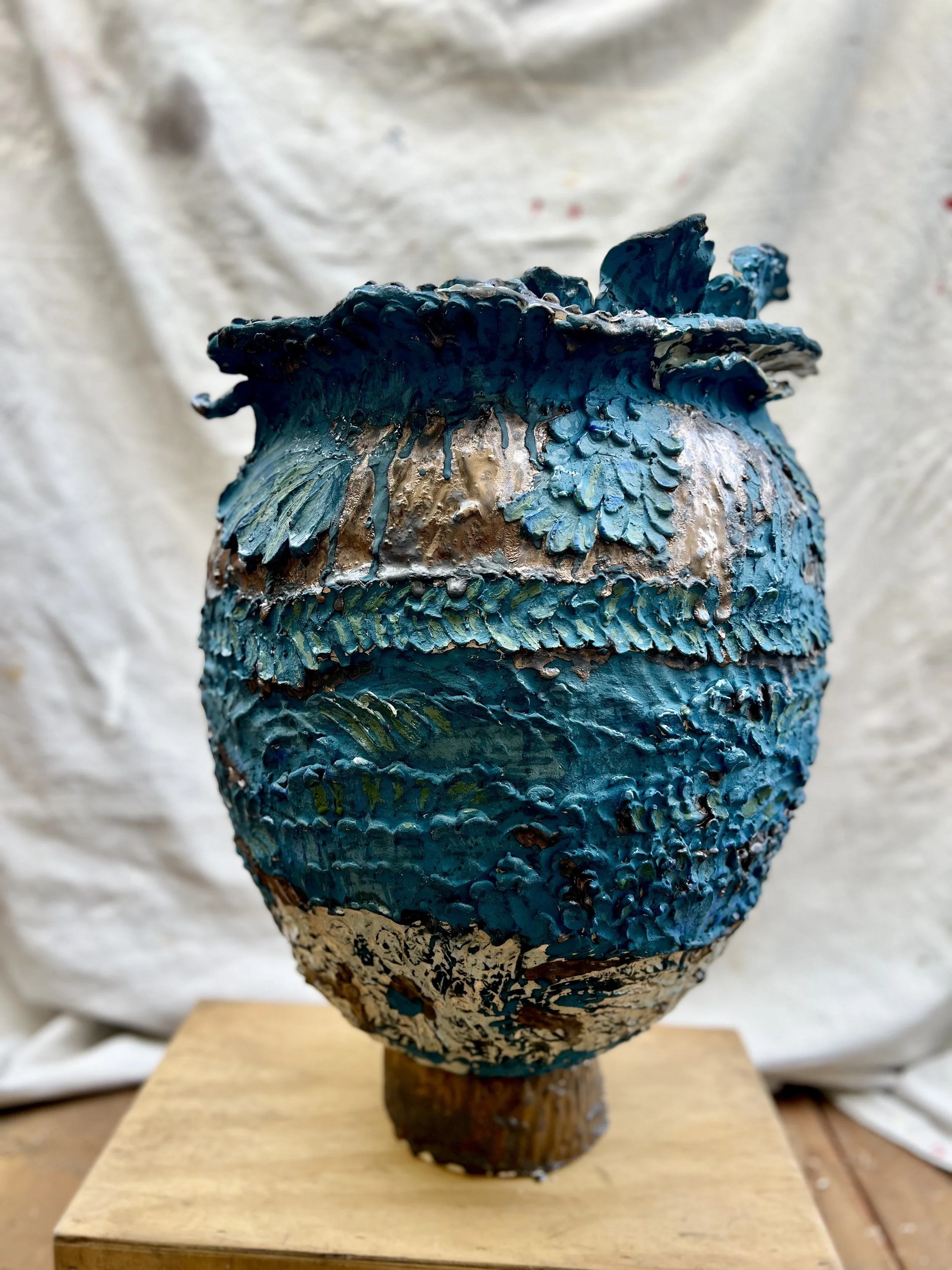 Blue Sculpture Vessel 25" x 17" Slipped and glazed stoneware.