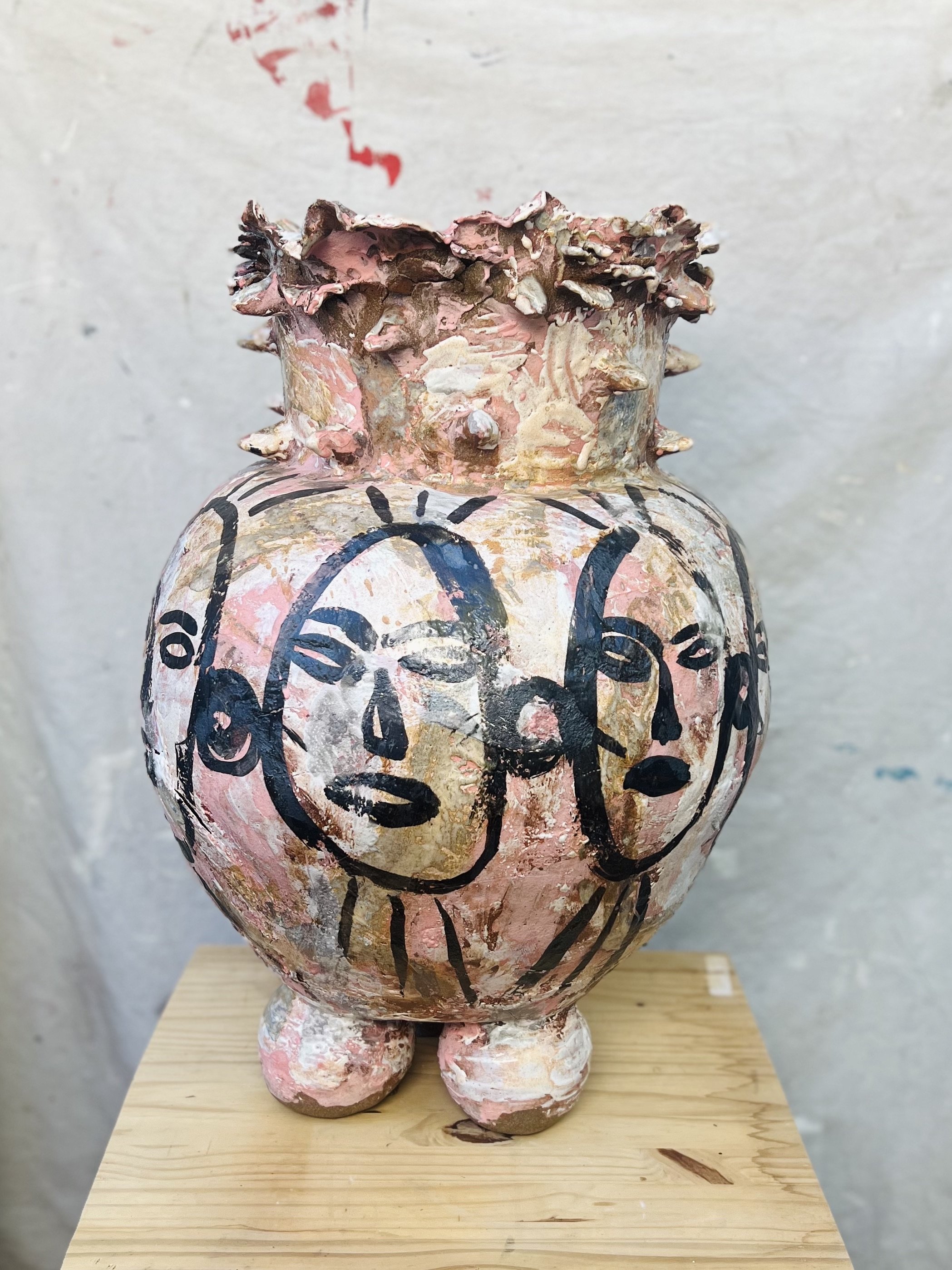 Footed Ancestor Sculpture. 27" x 19.5" Slipped and glazed stoneware