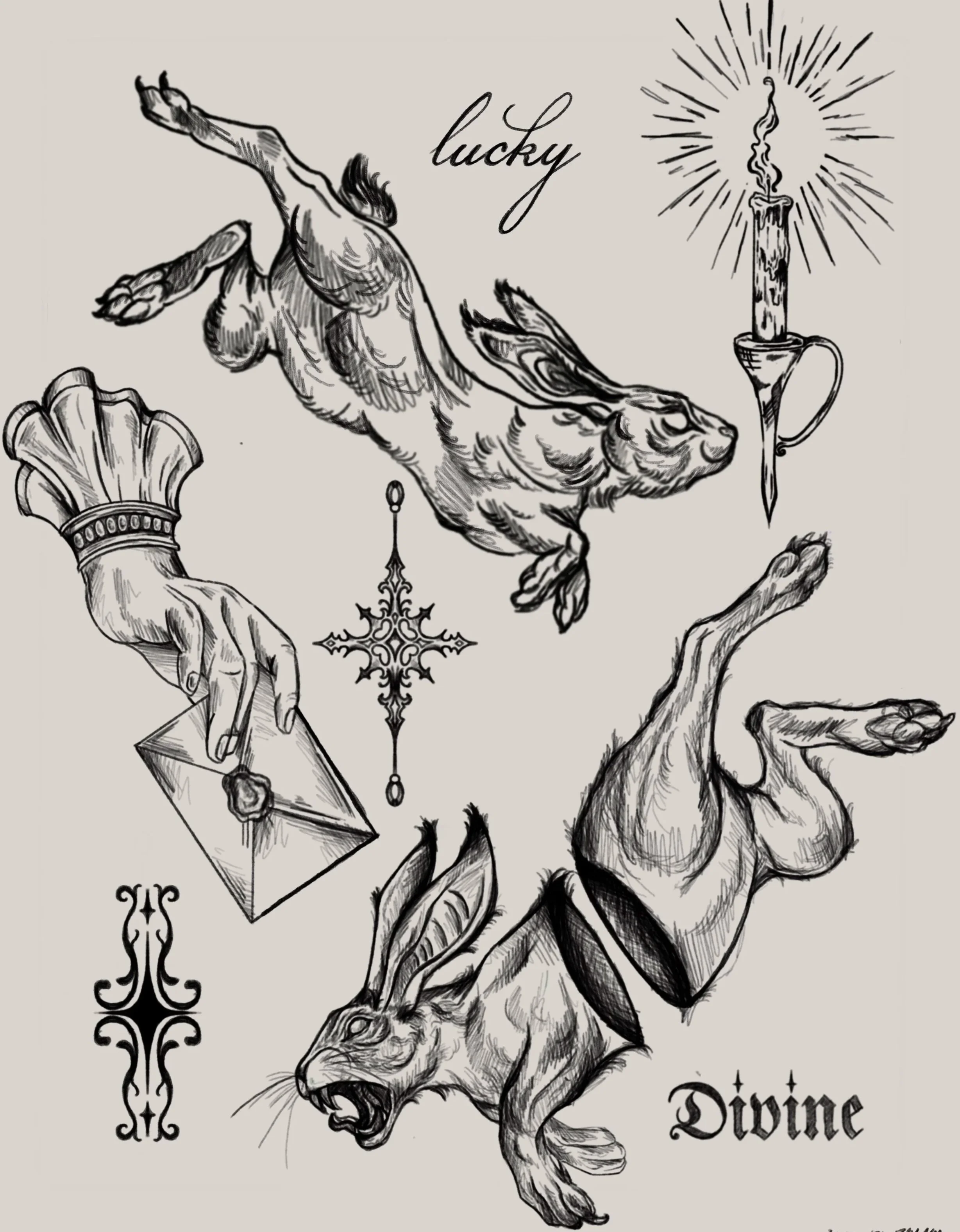 Black and white tattoo-style illustrations of a hare, a hare with a collar, a hand holding an envelope with a flower, a candle with a flame, a hanging ornament, a roaring wolf, and decorative patterns with the words "lucky" and "divine".