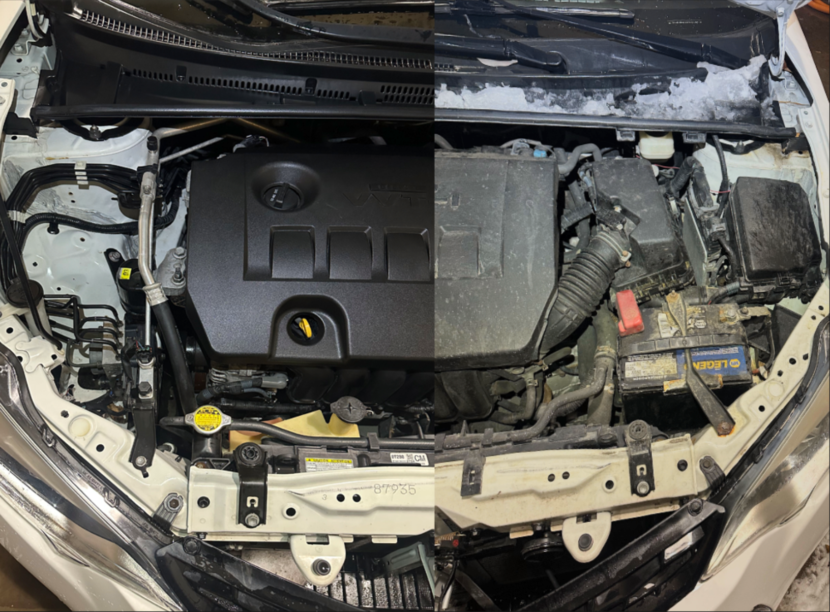 Comparison of a clean, new car engine on the left side and an old, dusty, and worn engine on the right side.