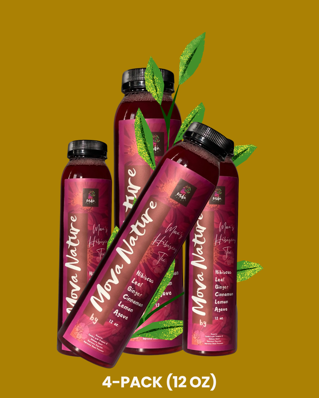 Four bottles of Mona Nature herbal tea with hibiscus, leaf, ginger, cinnamon, lemon, and agave flavor, arranged on a gold background with green leaves.