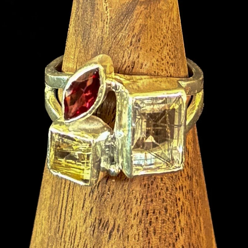 Garnet, Clear Quartz & Rutile Ring