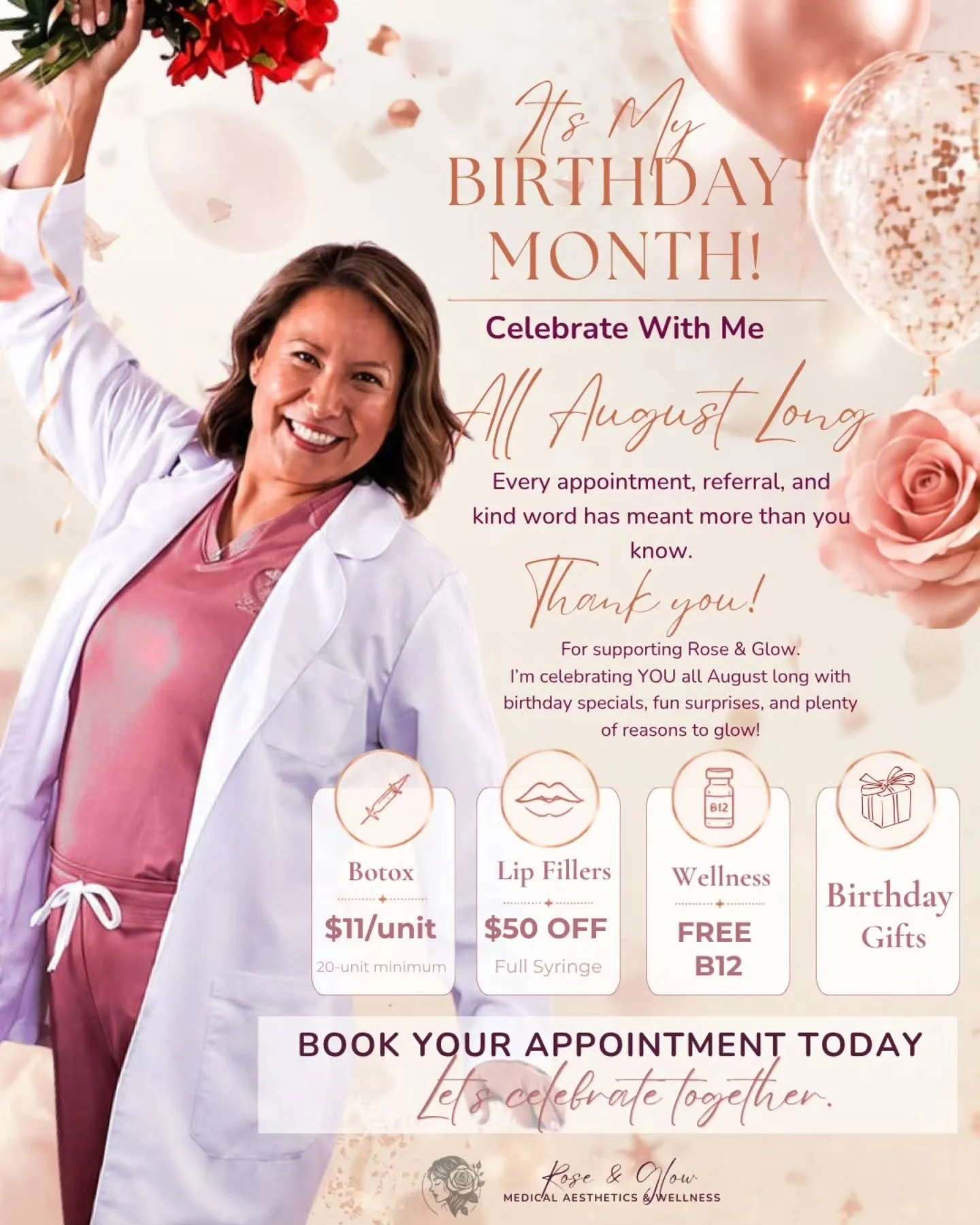 🎉 Hello, August! 🌹

It's my birthday month, and I figured that's the perfect excuse to celebrate! 🥂

To say thank you for supporting Rose &amp; Glow, I've put together a month of special offers, a few fun surprises, and lots of reasons to treat yo