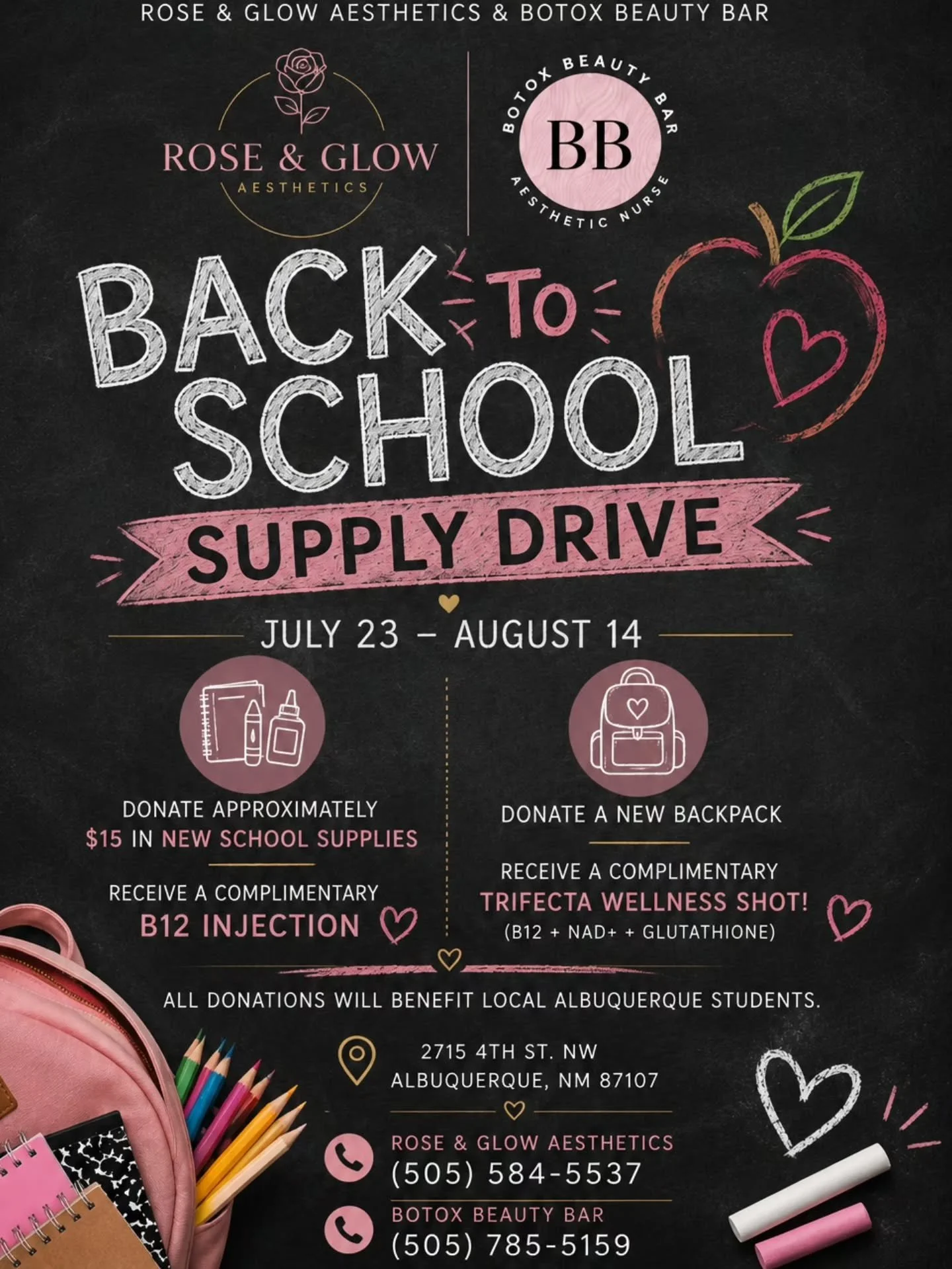 📚🎒 Help Us Fill Backpacks for Local Students!

At Rose &amp; Glow Aesthetics and Botox Beauty Bar, we believe confidence starts long before someone walks into our treatment room. It starts with caring for our community.
From July 23 through August 