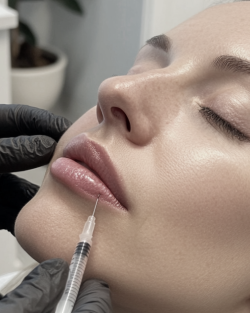 A person receiving a lip injection from a healthcare professional wearing black gloves.