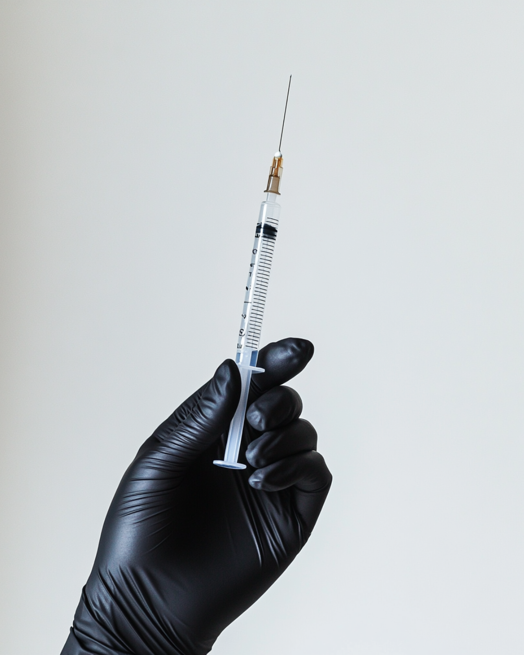 A hand wearing a black glove holding a syringe with a thin needle.
