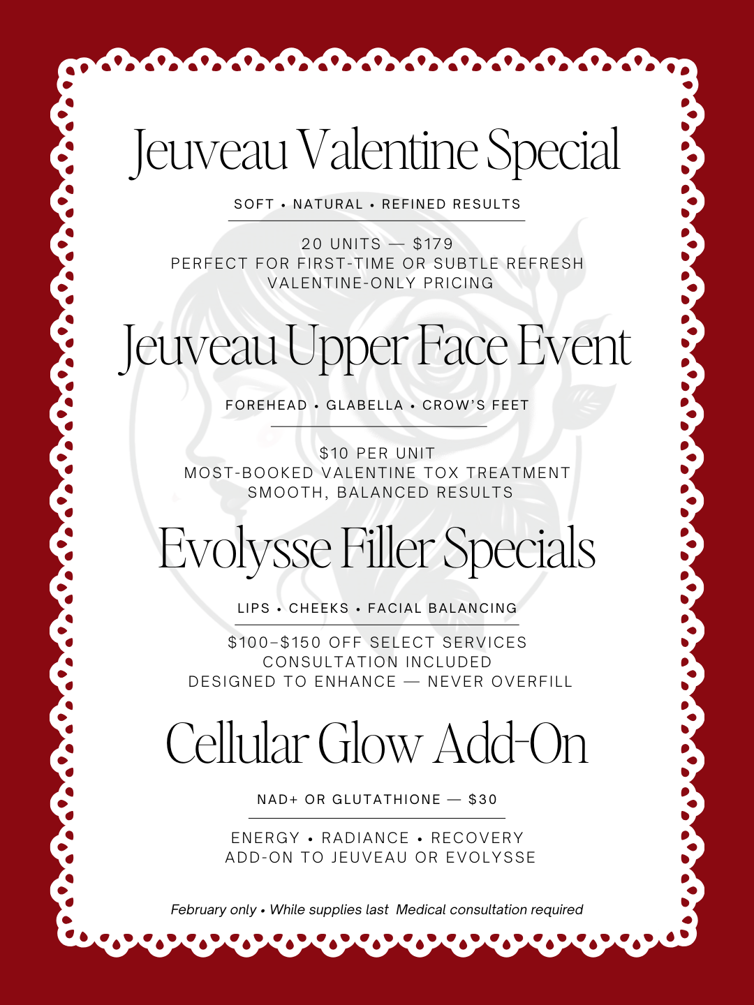 Valentine's Day promotional poster featuring special offers on cosmetic treatments including upper face events, filler specials, and a cellular glow add-on.