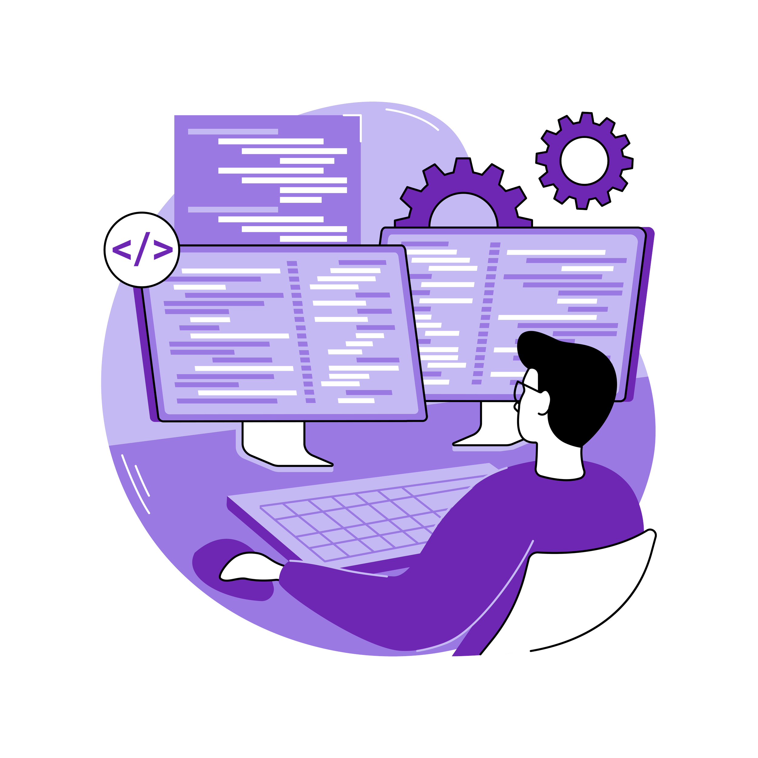 Illustration of a person coding at a desk with three monitors and a gear symbol, highlighting computer programming and development concepts.