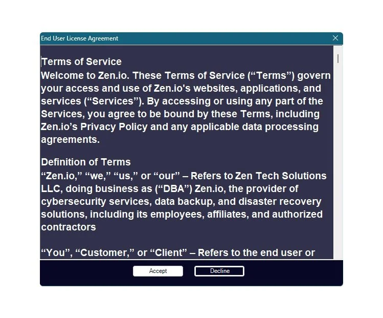 Screenshot of a license agreement pop-up window for Zen.io, outlining its terms of service, definition of terms, and options to accept or decline.