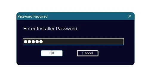 A login prompt asking for an installer password with input field and OK and Cancel buttons.