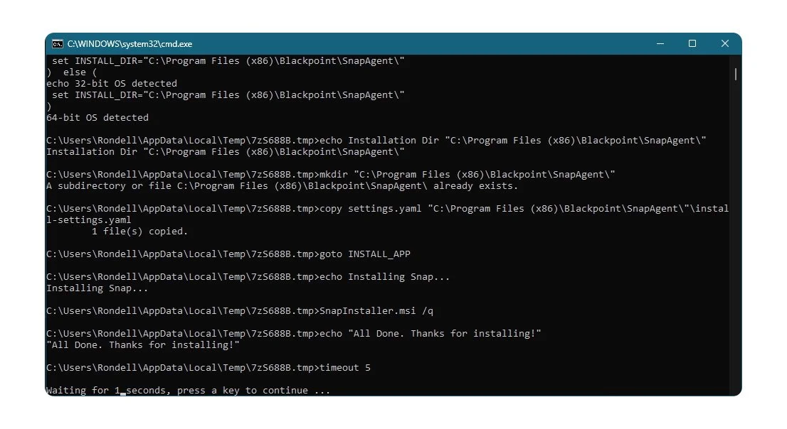 Command prompt window showing a script for installing Snap, with commands and messages indicating installation progress and completion.