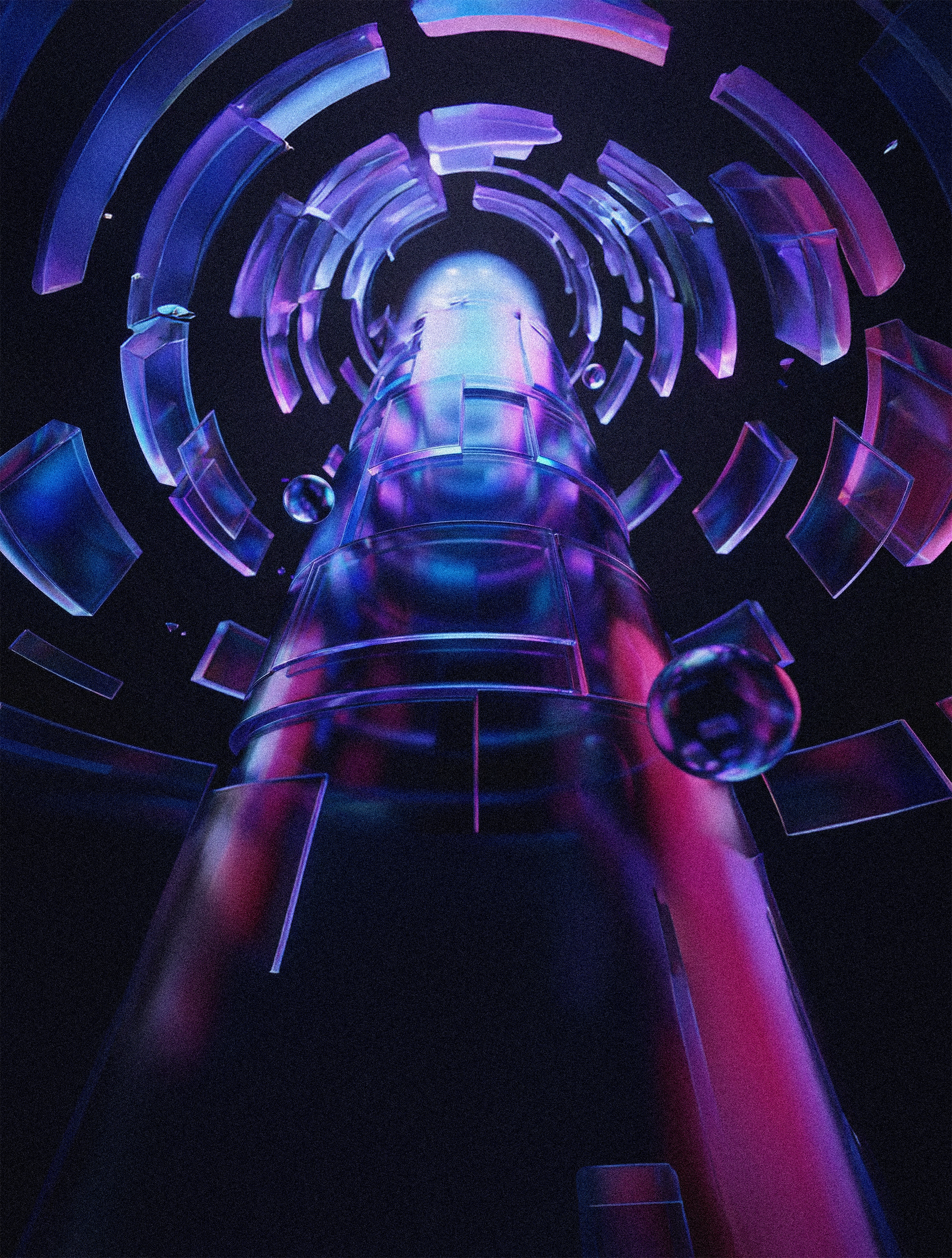 A digital art image of a futuristic tower with glowing purple and blue rectangular elements surrounding it in a spiraling pattern, set against a dark background.