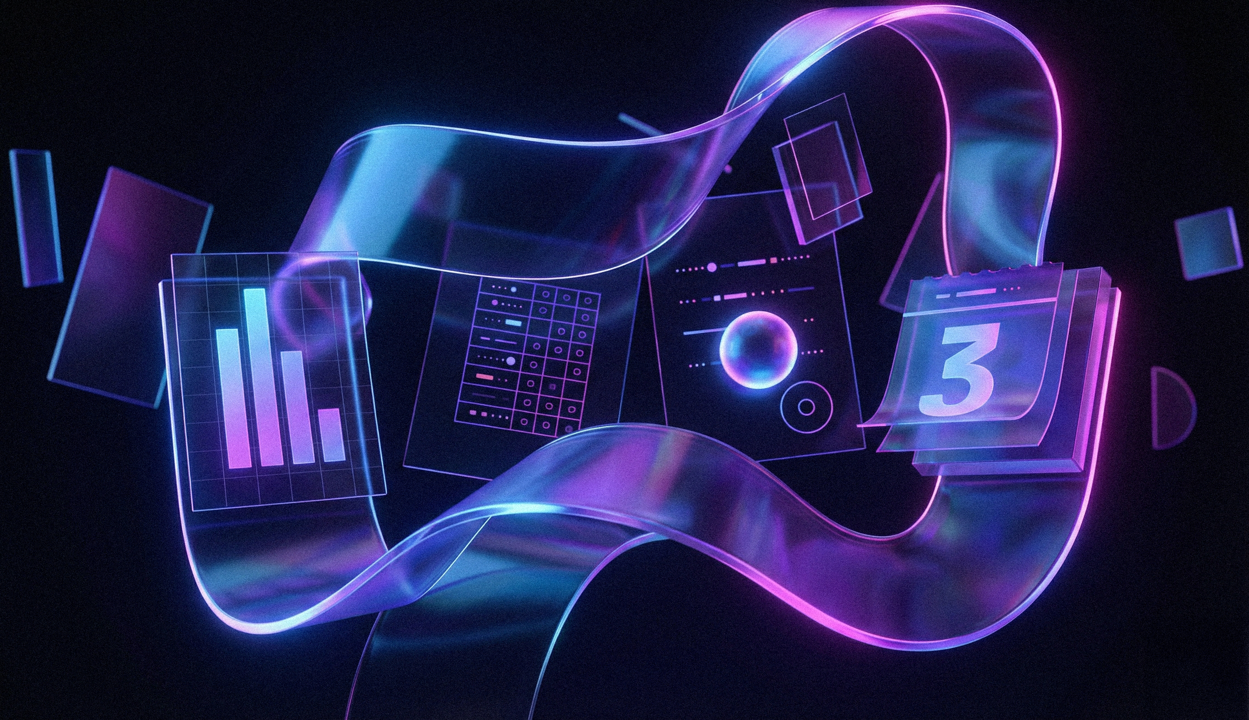 Digital abstract with holographic charts, graphs, and data visualizations in neon purple and blue colors