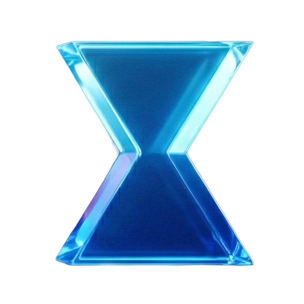 A glowing blue X-shaped object with neon lighting on a purple and black background.