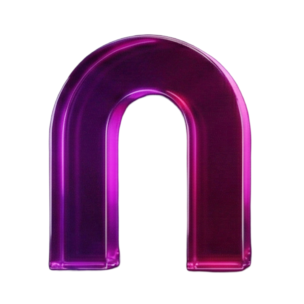 Neon pink and purple letter 'n' on a black background.