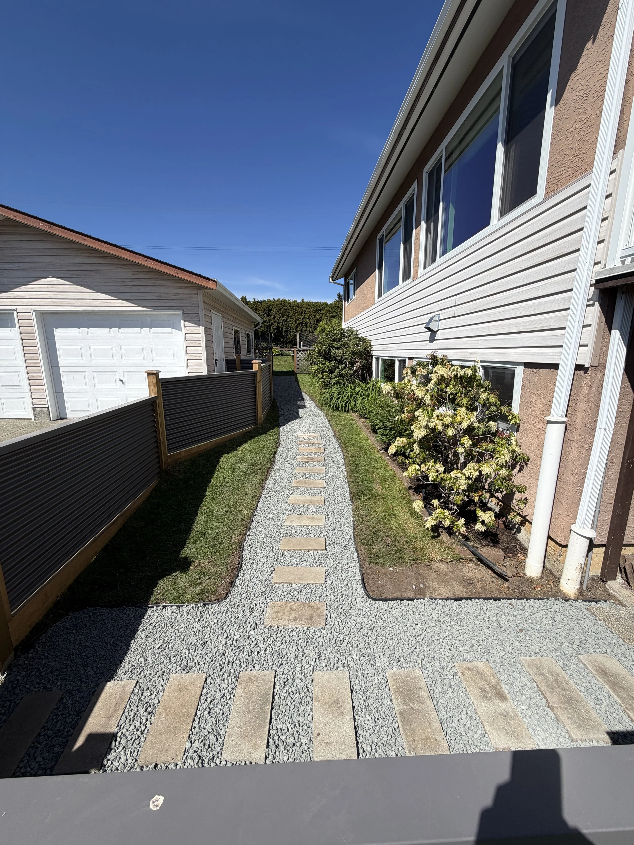 A backyard pathway made of rectangular pavers and gravel, bordered by greenery, leading to a small fence between two houses with a clear blue sky overhead.