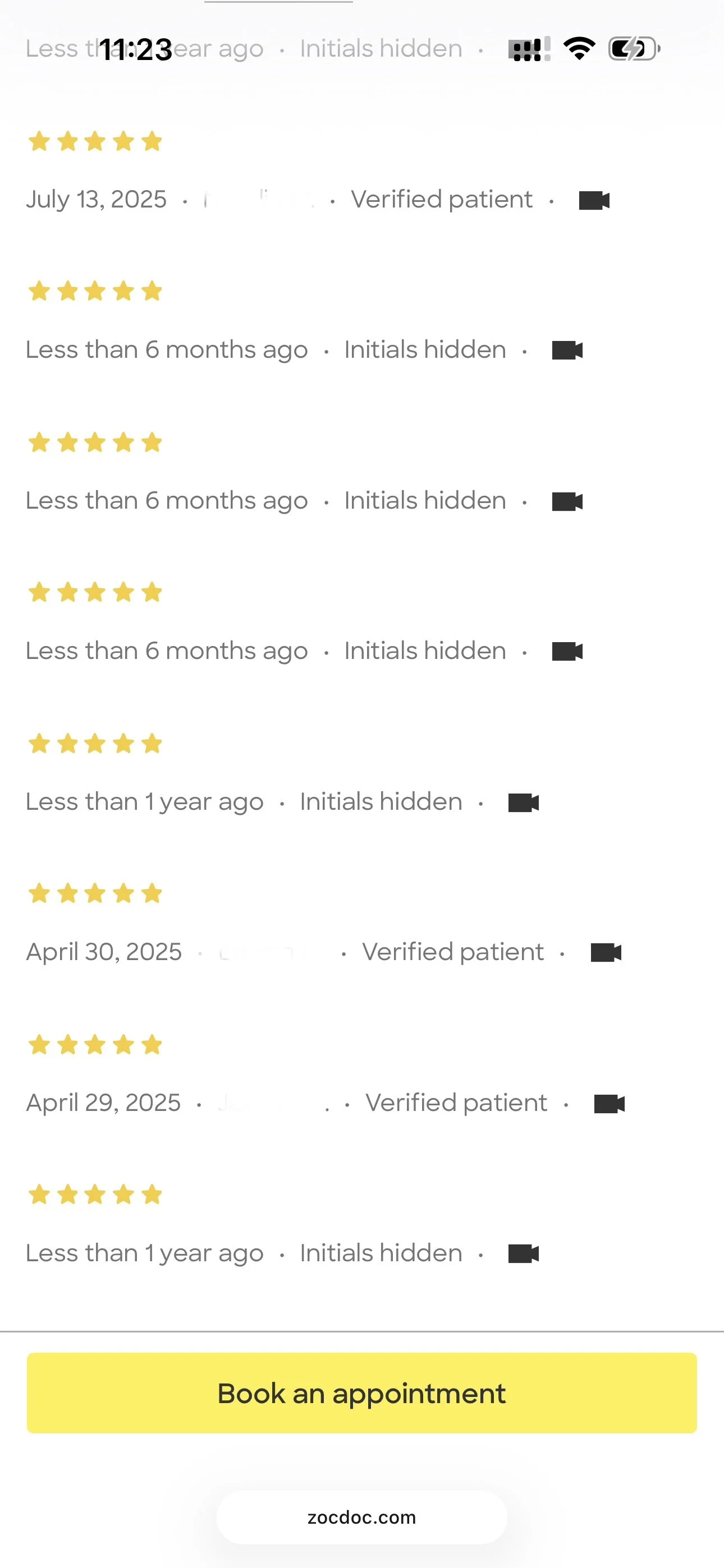 Screenshot of a mobile app interface displaying patient reviews with yellow five-star ratings, dates, and hidden initials or videos, along with a yellow button labeled 'Book an appointment' and a website link 'zocdoc.com' at the bottom.