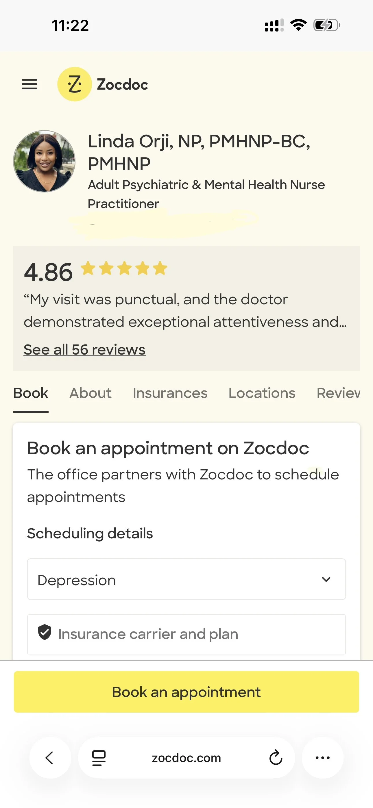 Screenshot of a mobile app profile page for a mental health nurse practitioner, featuring her name, photo, reviews, and an appointment scheduling section.