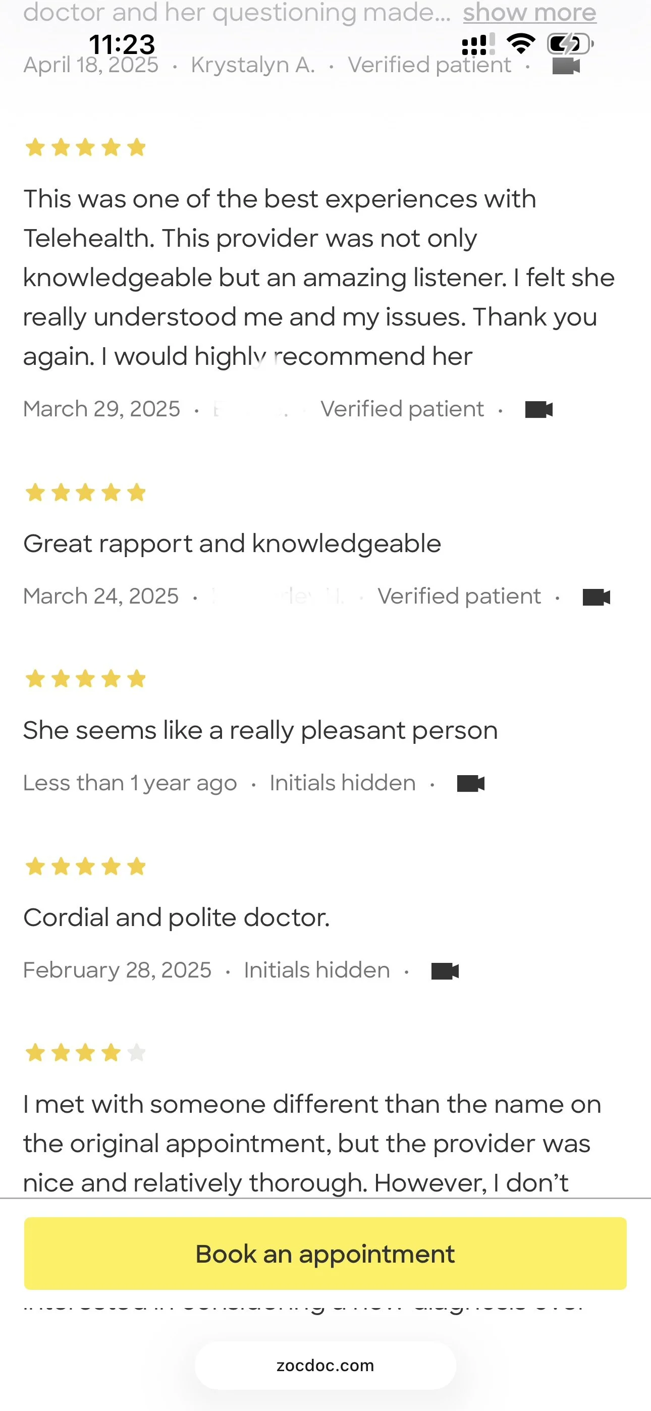Screenshot of a mobile app with reviews for a telehealth service, showing five-star ratings and comments from patients, and a bright yellow button labeled 'Book an appointment' at the bottom.