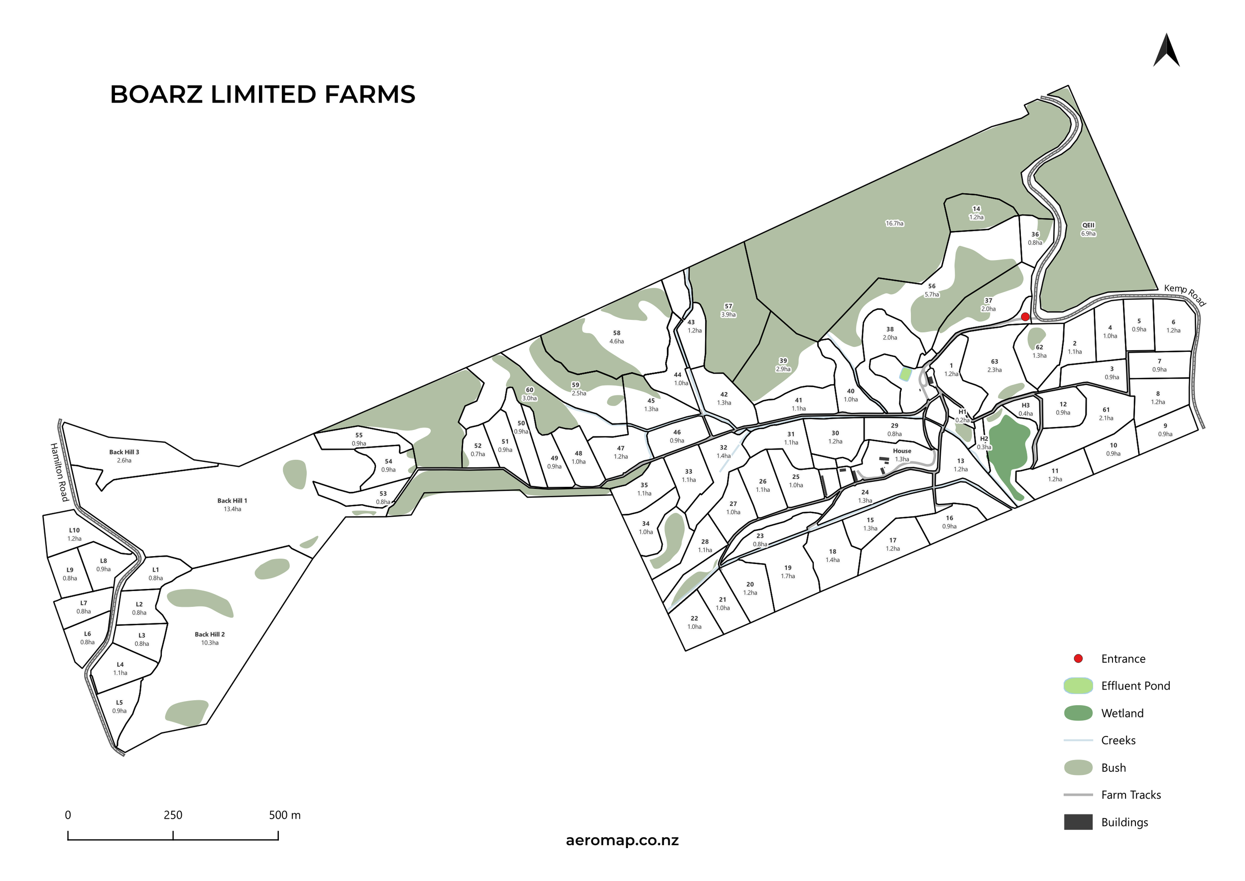 Clean farm paddock map with labelled paddocks and hectare areas designed for easy everyday farm use.