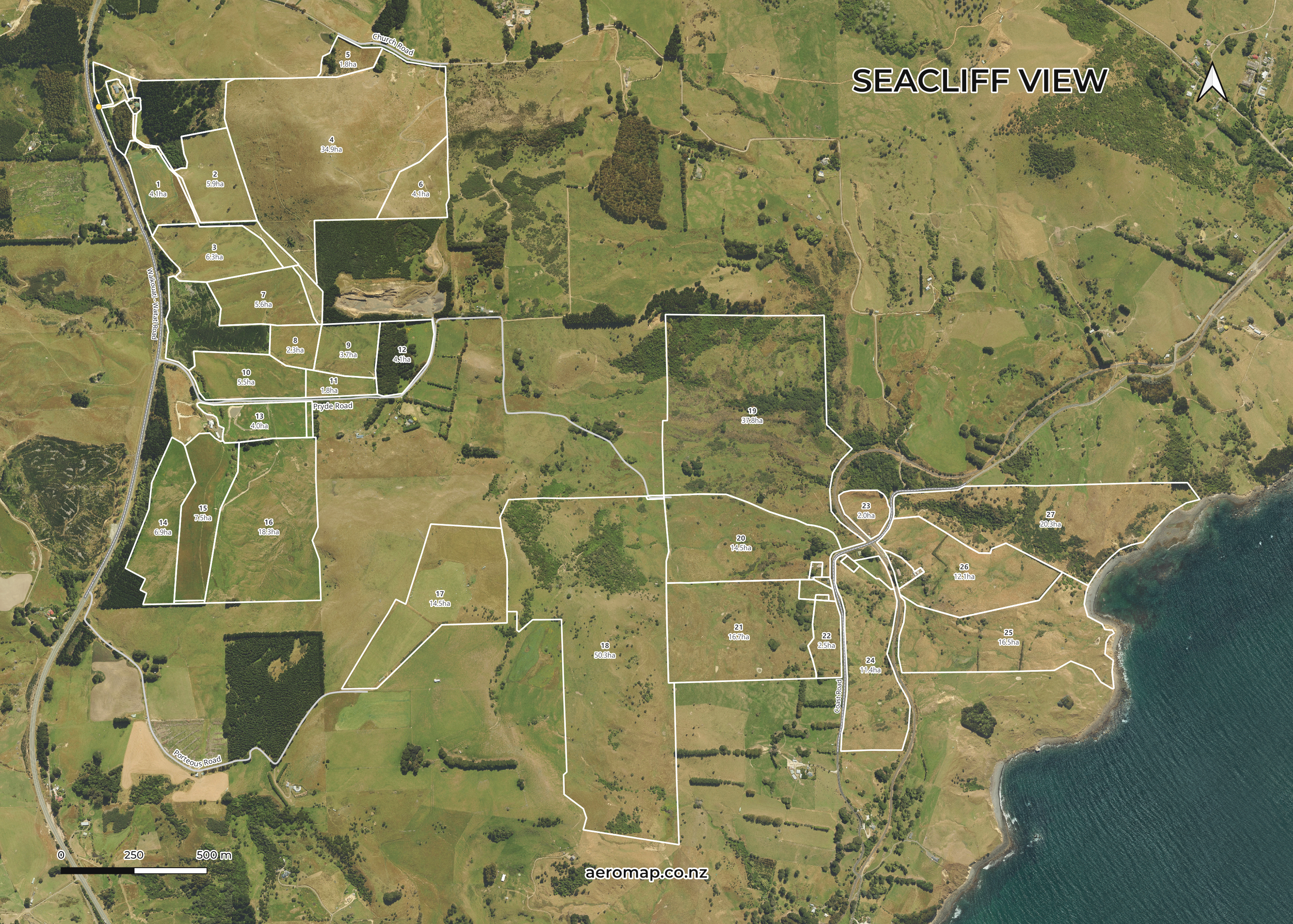 Satellite farm map showing paddock boundaries, names, tracks and farm features on aerial imagery background.