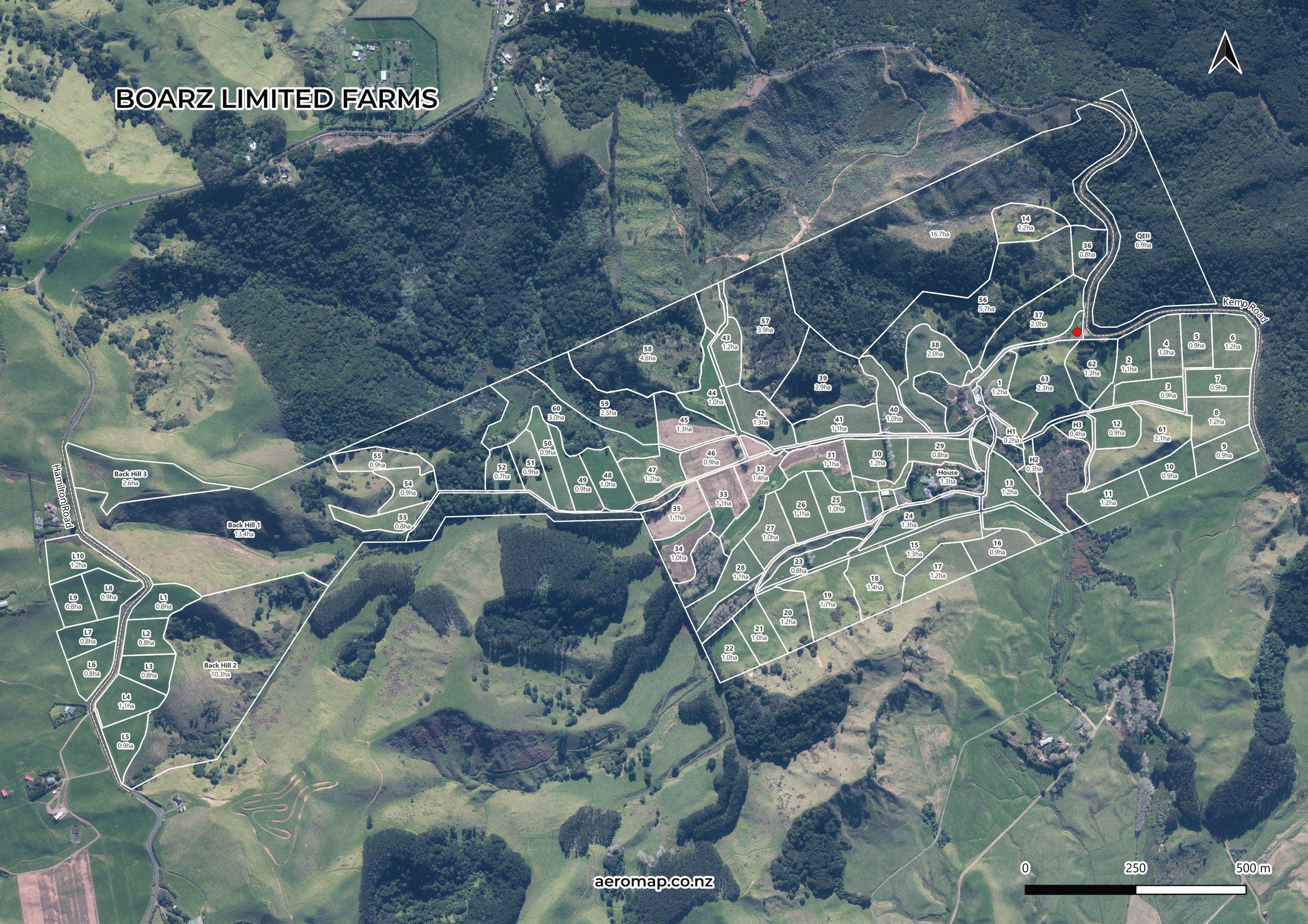 Farm map with satellite imagery background showing paddocks, tracks, waterways and farm features.