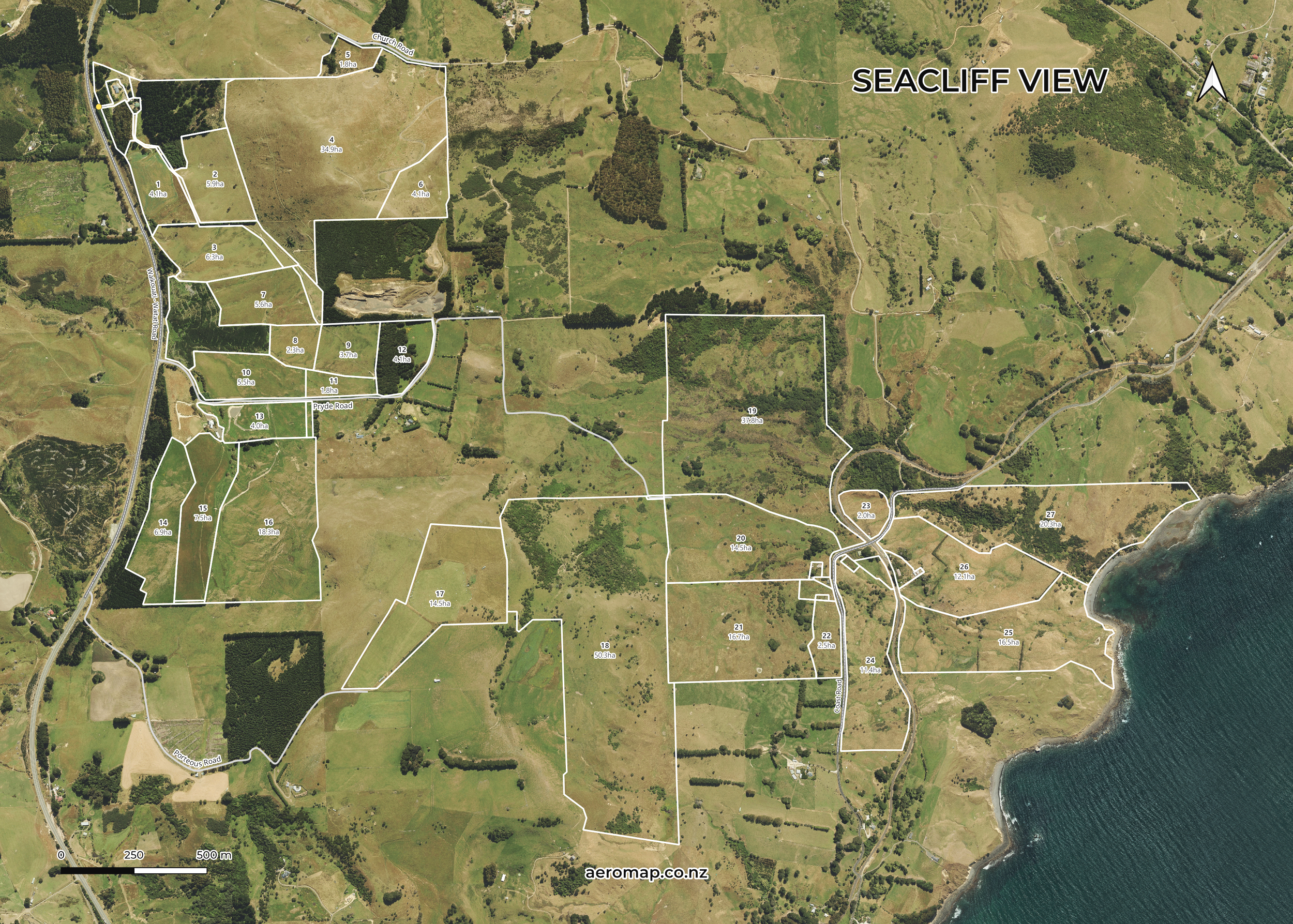 Satellite farm map showing paddock boundaries, names, tracks and farm features on aerial imagery background.