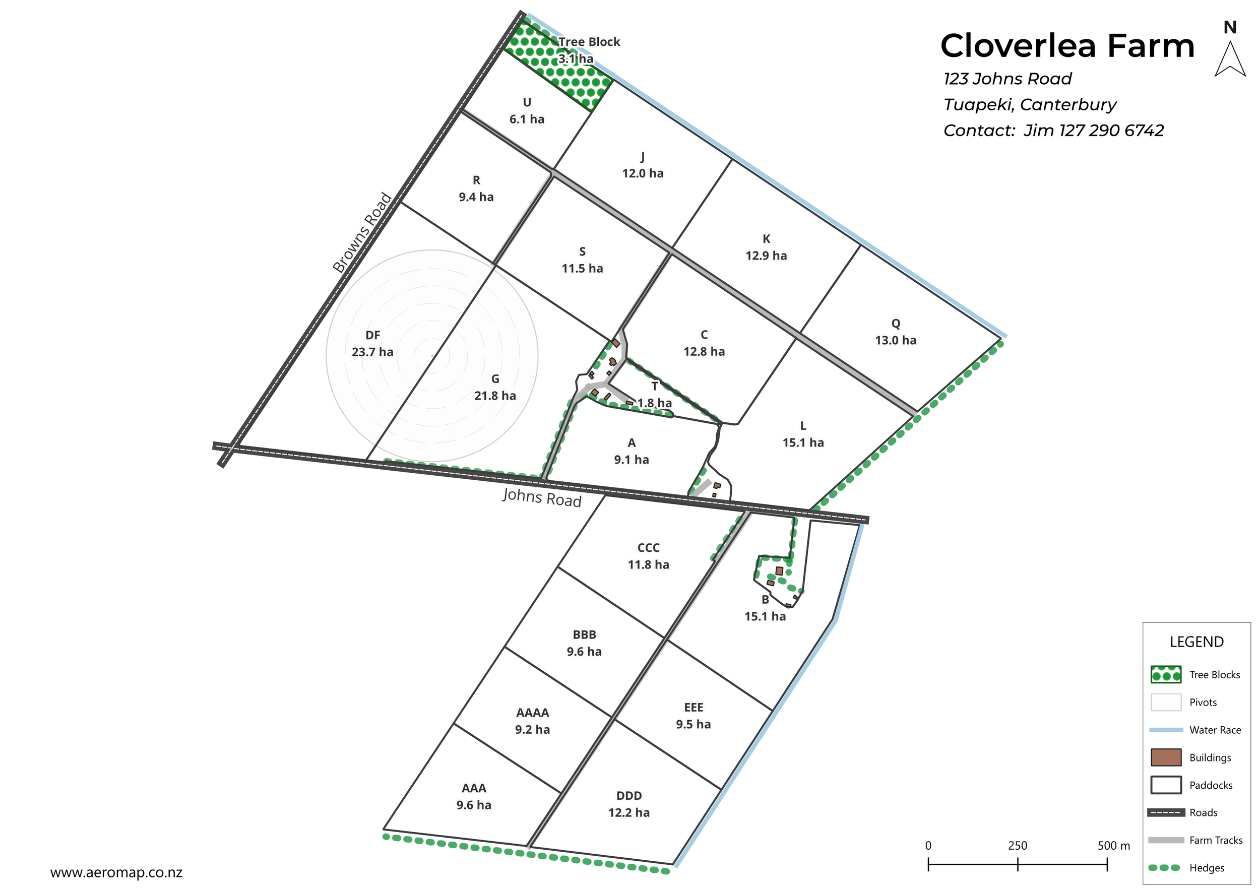 A detailed farm map labeled Cloverlea Farm at 123 Johns Road, Tuapeki, Canterbury. Shows parcel boundaries, water race, roadways, water race, various paddocks, tree blocks, farm tracks, and hedges. Includes a legend for symbols, scale, and north arrow.