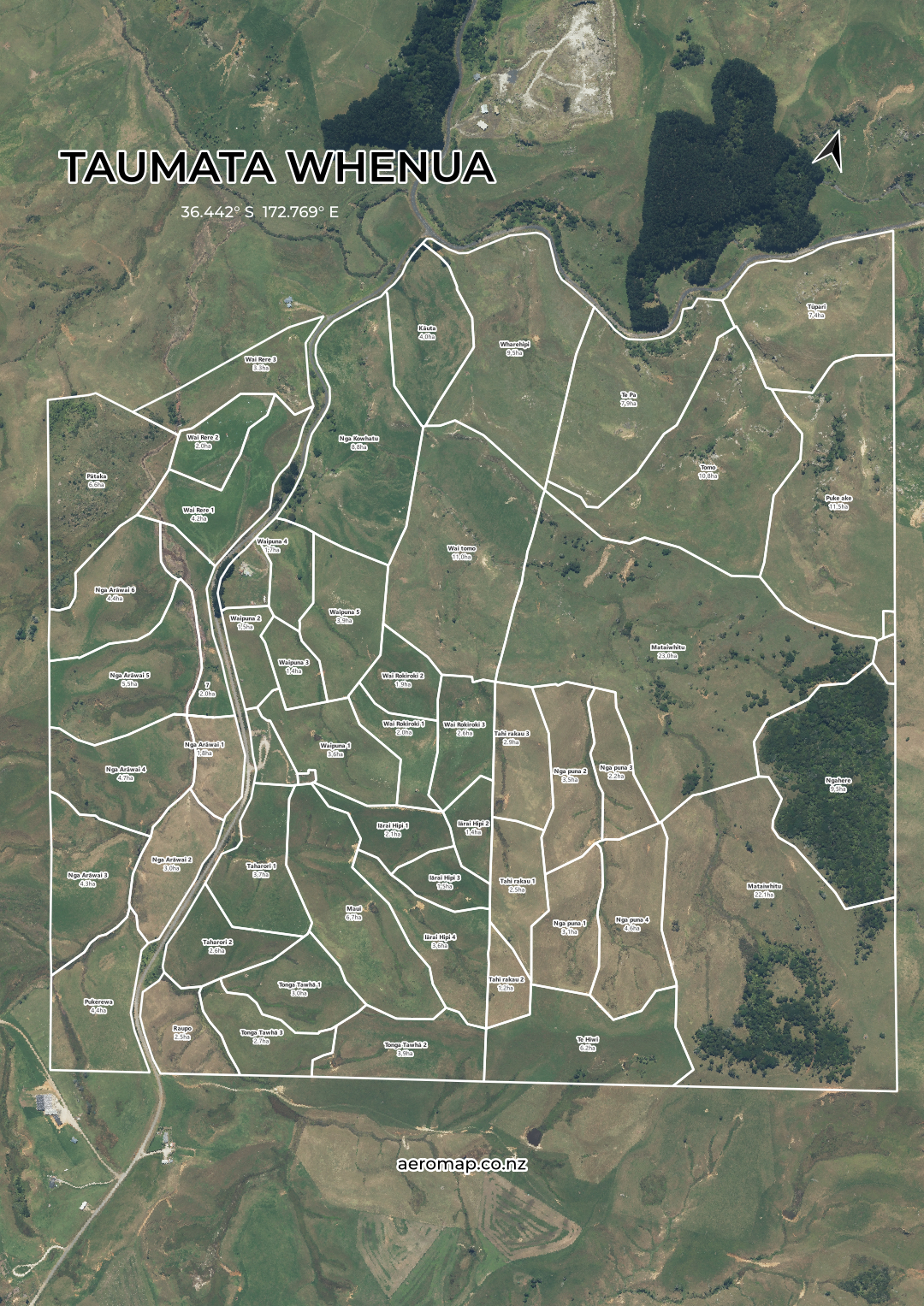 Farm map with satellite imagery background showing paddocks, tracks, waterways and farm features.