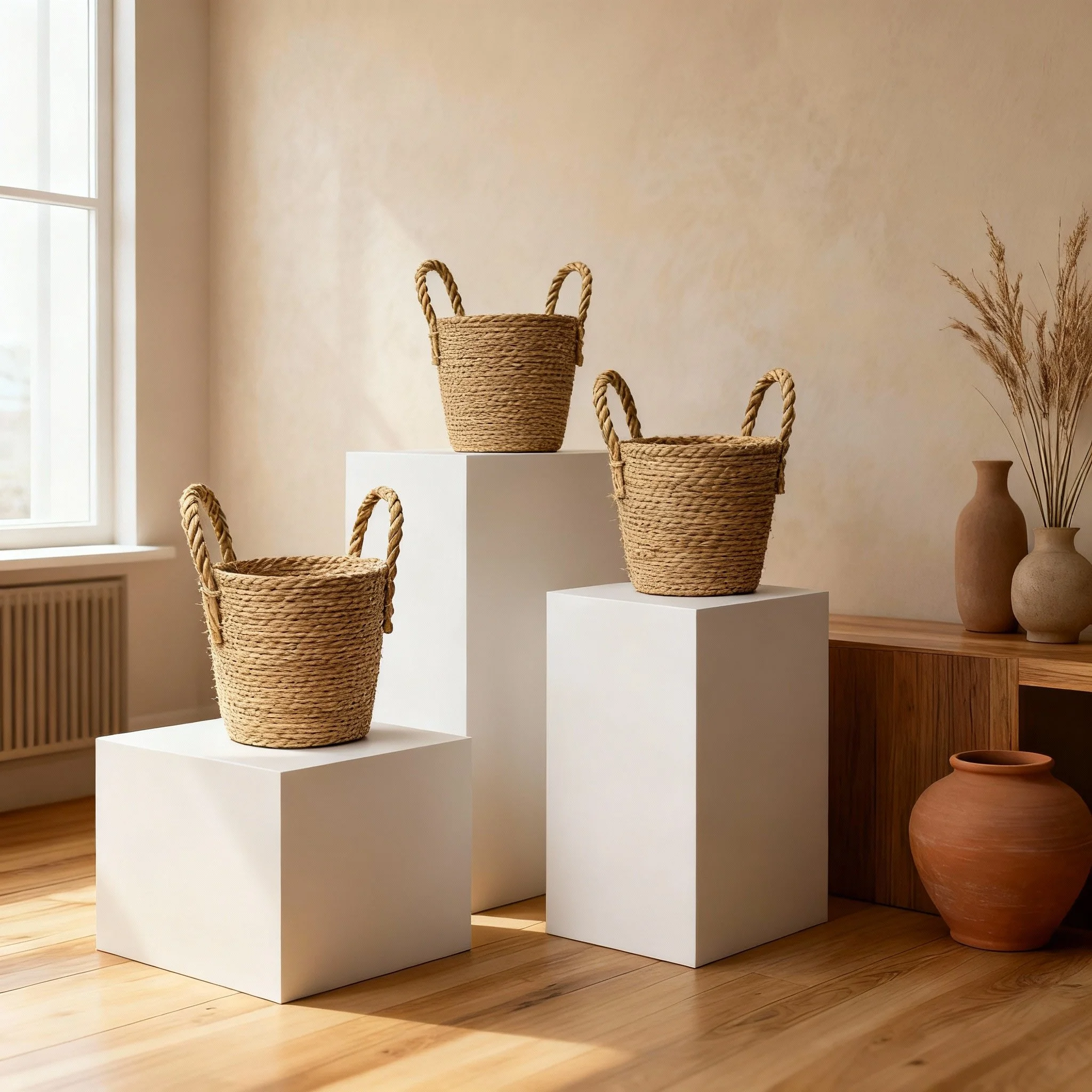 Tres cestas de fibra natural en diferentes alturas sobre plataformas blancas y decoración de cerámica en un interior con pared beige y suelo de madera.