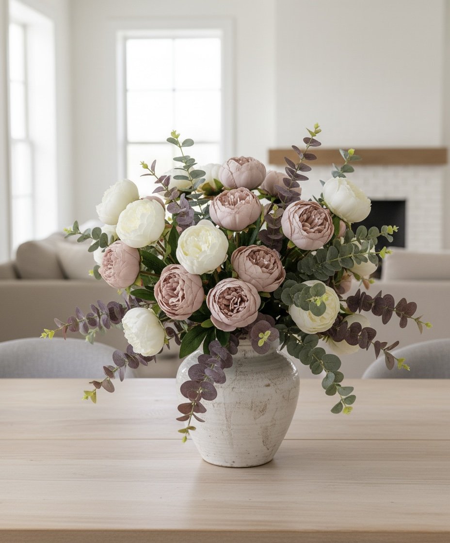 Un jarrón de cerámica blanca con un ramo de flores con rosas rosadas, flores blancas y follaje verde y morado en una mesa de madera en un espacio interior bien iluminado