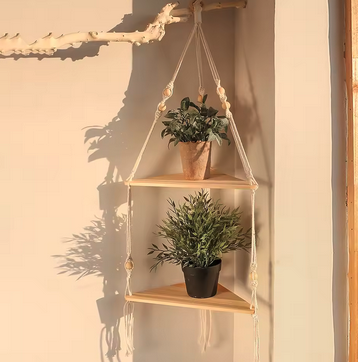 Mira – Estante triangular colgante de madera y cuerda