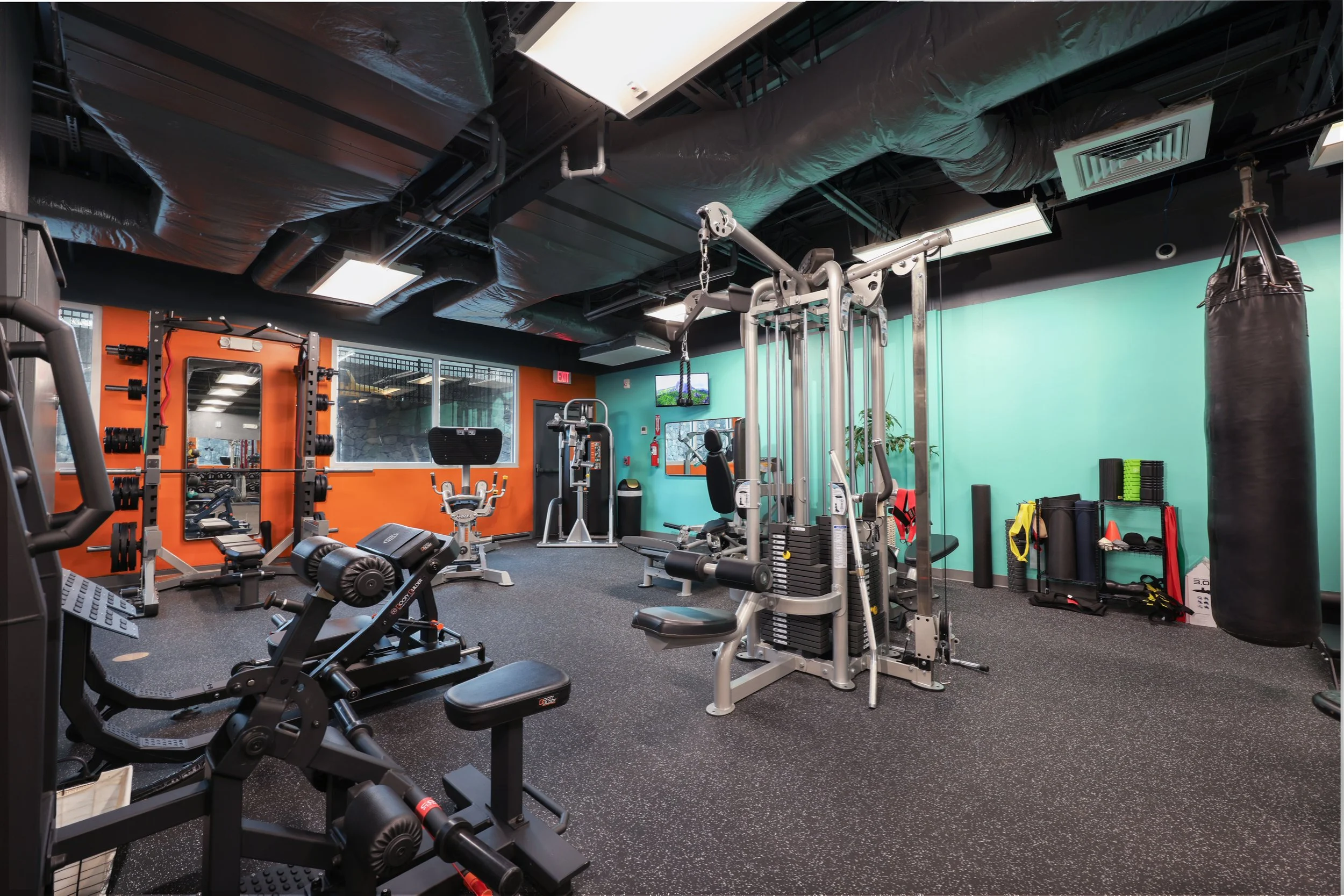 Interior of a gym with various exercise equipment including weights, a punching bag, a rowing machine, and a cable machine, with colorful walls and ceiling vents.
