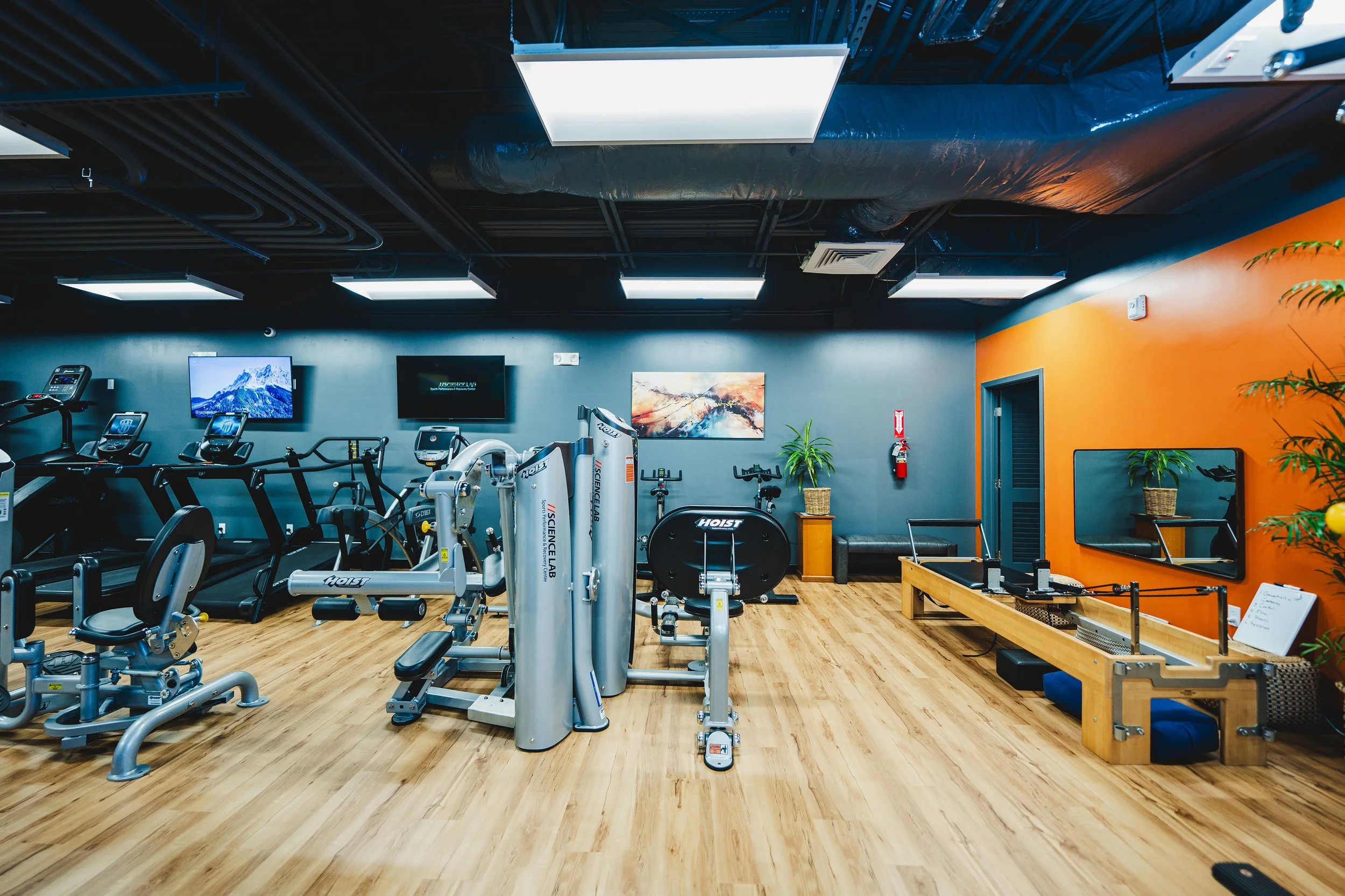 Empty indoor gym with workout equipment including treadmills, exercise bikes, weight machines, and a reformer Pilates machine on a wooden floor, with a black and orange wall decorated with plants and abstract art.