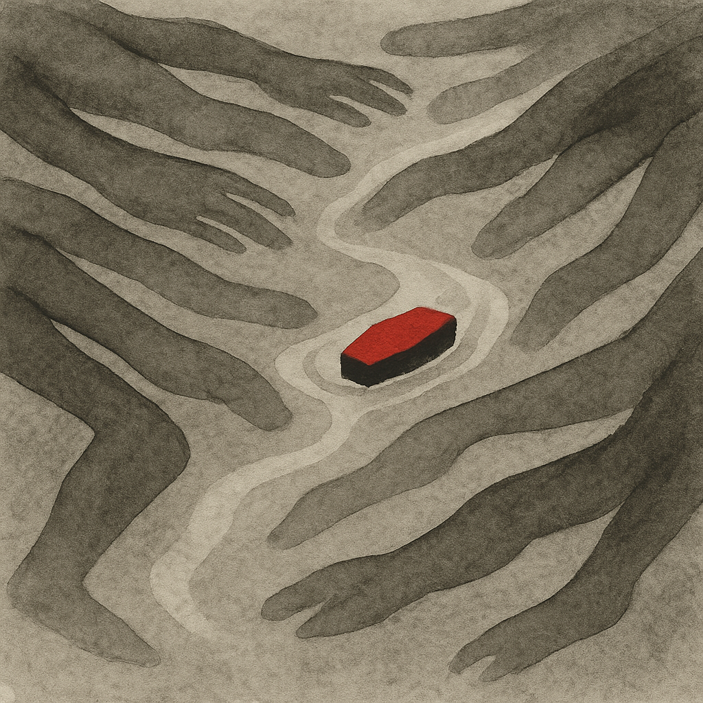 A painting or drawing of several large, dark hands reaching towards a small red and black rectangular object, with a light-colored winding path or river between the hands.