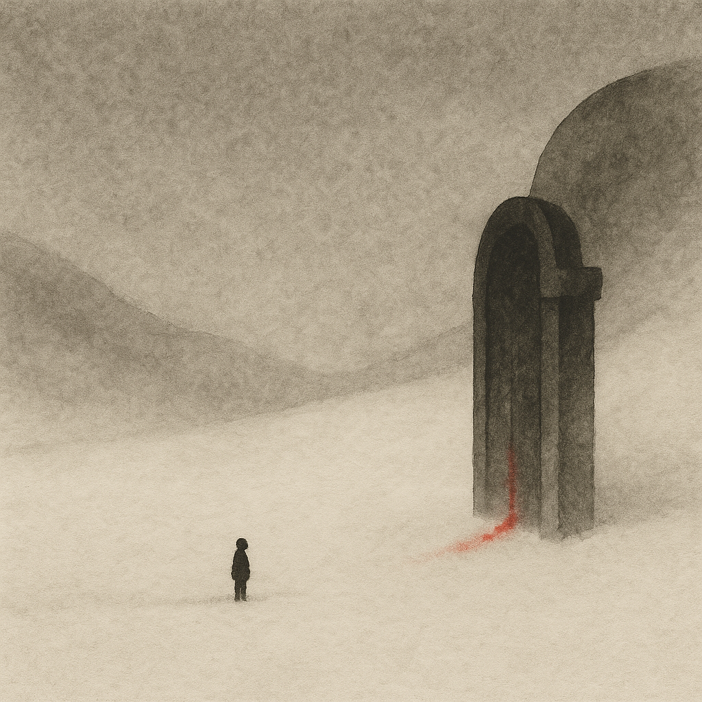 A small person standing in snow-covered landscape facing a large dark arched doorway emitting red light or lava, with a misty, bleak atmosphere.