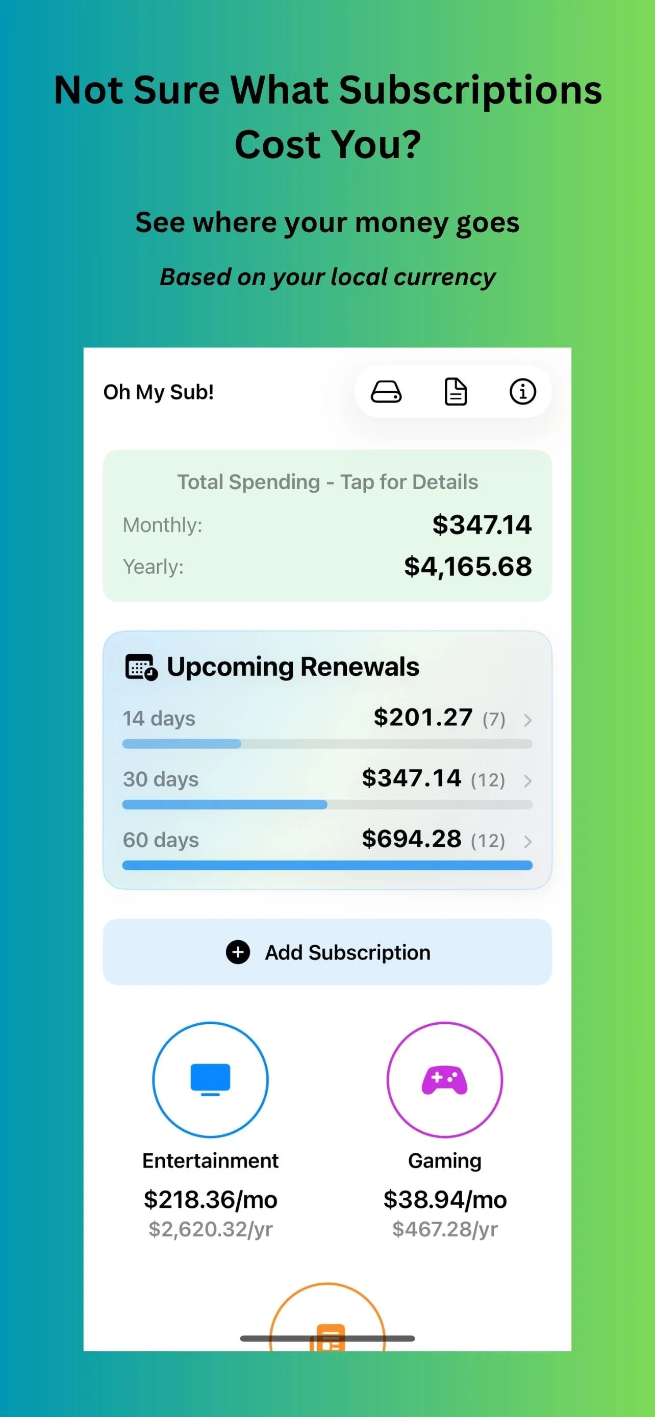 Oh My Sub subscription totals dashboard
