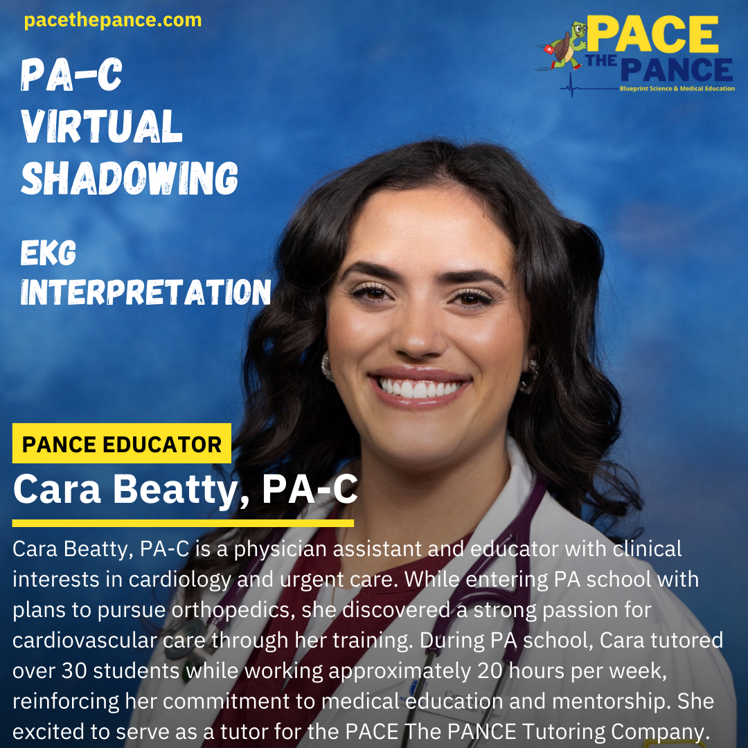 A woman with dark wavy hair smiling in front of a blue background, wearing a white coat and stethoscope. Text overlay describes her as Cara Beatty, PA-C, a PACE educator, with information about her background and role.