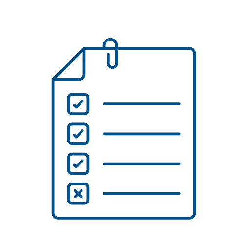 Outline icon of a checklist on a piece of paper with five items, four checked and one unchecked, fastened with a paperclip at the top.