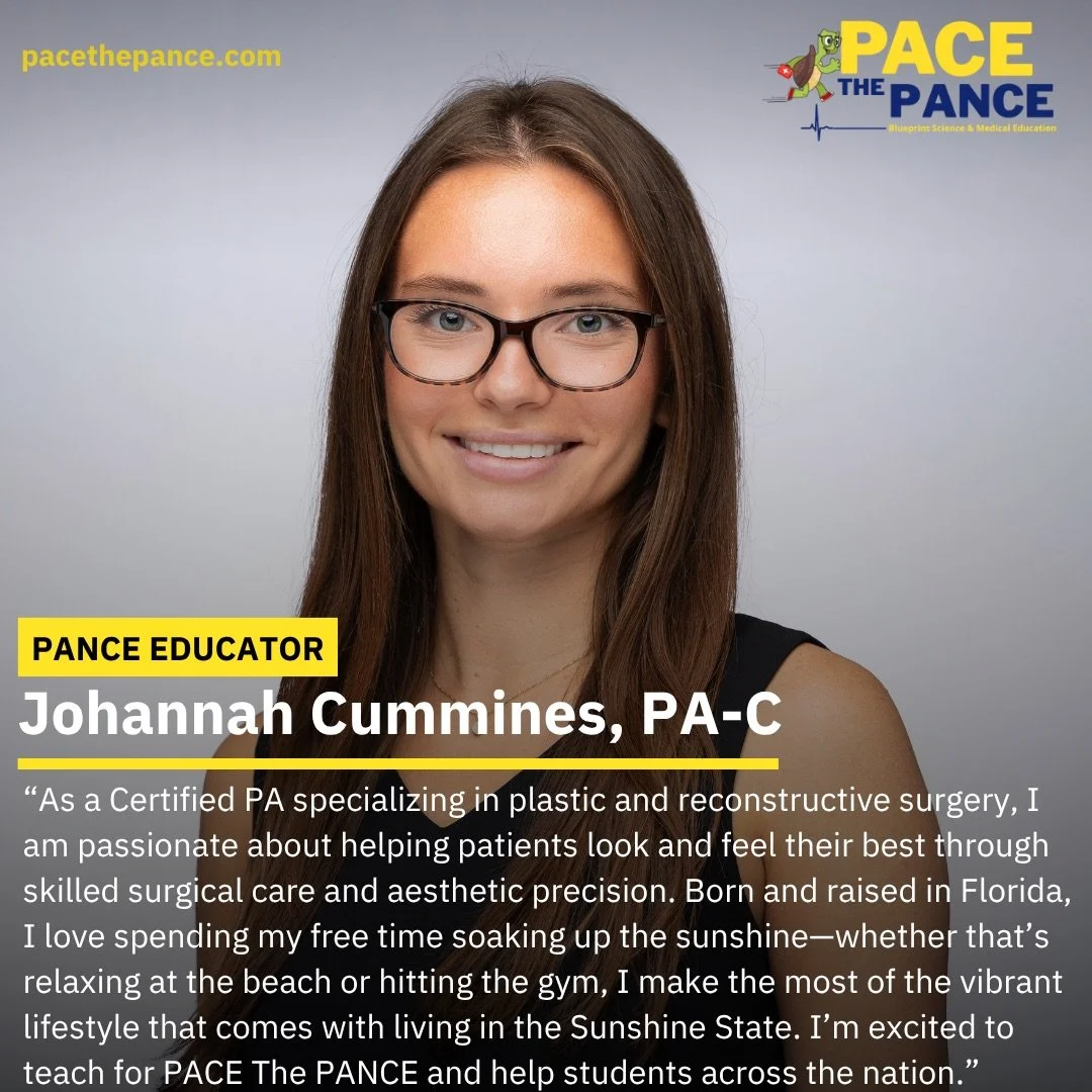 Portrait of a young woman with long brown hair and glasses, smiling against a gray background. Text overlays include her name, profession, and a quote about her work as a PACE educator, with logos for PACE THE PANCE and pacethepance.com.