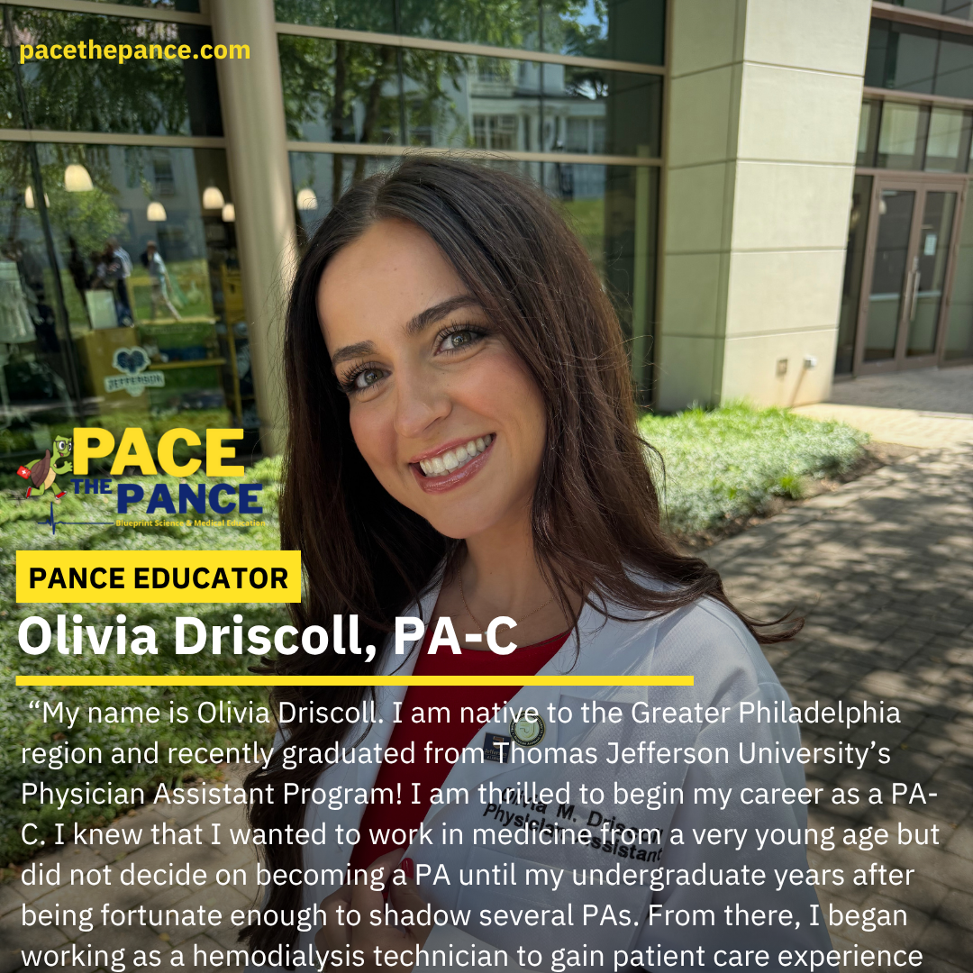 A woman with long dark hair smiling outdoors in front of a modern building with large glass windows and greenery. Text overlay introduces Olivia Driscoll, PA-C, as a PANCE educator, with a brief bio about her background and career.