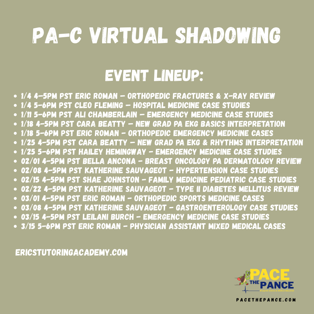 Event lineup poster for PACE the PANCE virtual shadowing series with dates, speakers, and topics related to medical education, and the PACE the PANCE logo and website at the bottom right.