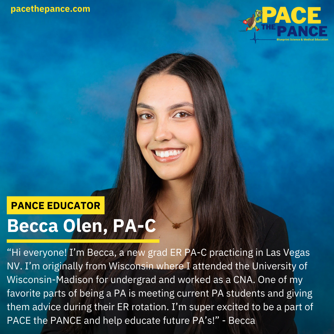 A portrait of Becca Olen, a young woman with long dark hair, smiling, against a blue background. There is text indicating she is a PANCE educator practicing as a PA-C, with a brief personal introduction.