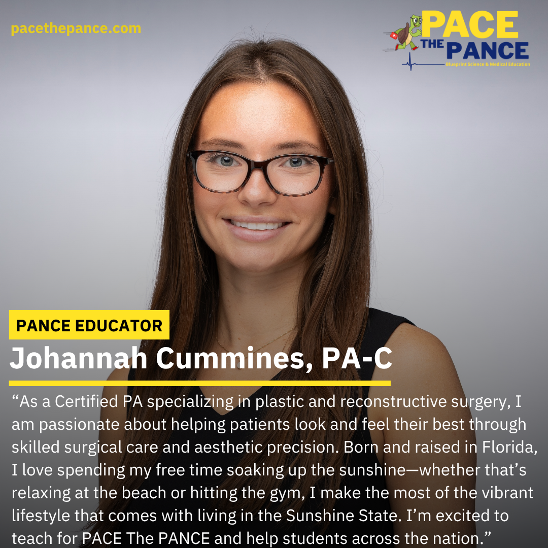 A young woman with long brown hair, wearing glasses and a black sleeveless top, smiling at the camera against a light gray background. The image includes text promoting PACE The PANCE, with a logo of a cartoon turtle and a website address, and a profile highlighting her as a PANCE educator named Johannah Cummins, PA-C, with a quote about her professional and personal interests.