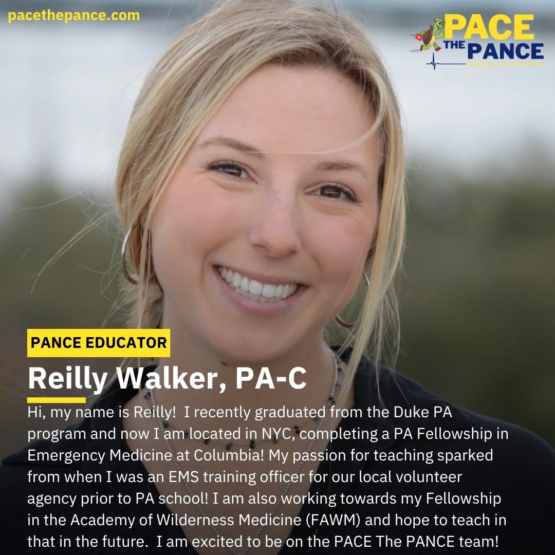 A close-up portrait of Reilly Walker, a young woman with blonde hair, smiling outdoors with a blurred background, part of a promotional image for PACE The PANCE highlighting her as a PANCE educator.