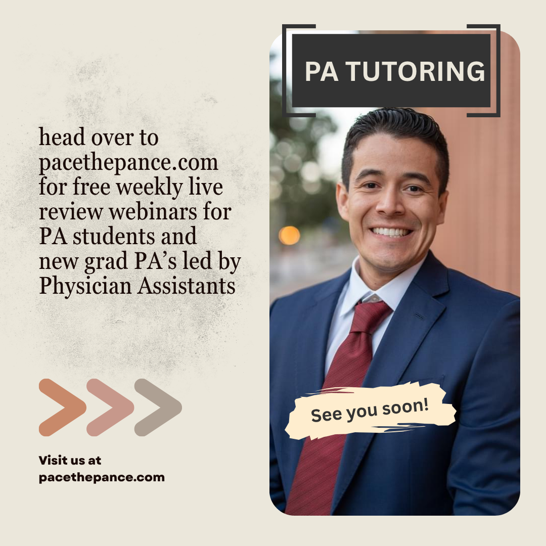 A promotional graphic for PA tutoring features a smiling man in a navy blue suit with a white shirt and red tie, standing outdoors with blurred background. Text on the left promotes free weekly live review webinars for PA students led by Physician Assistants, with a website link and arrows. A speech bubble says 'See you soon!'. The top right has a black box with white text reading 'PA TUTORING'.