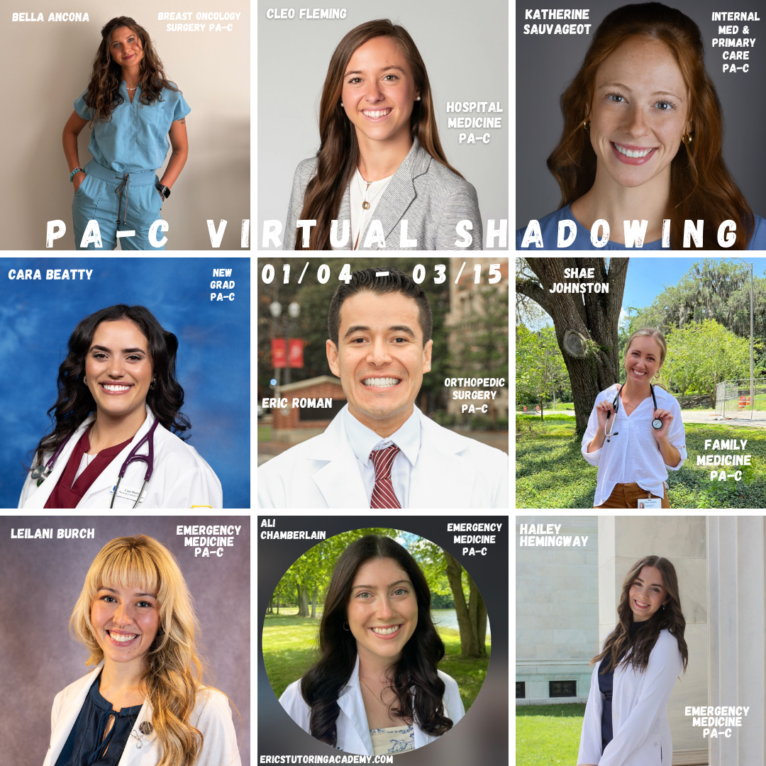 Collage of nine medical professionals, each with their name, specialization, and credentials, promoting virtual shadowing and medical programs.