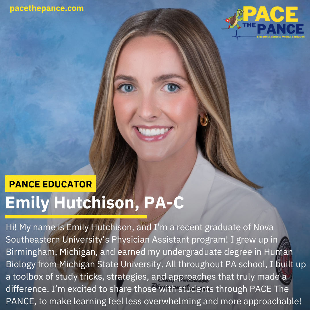 Headshot of Emily Hutchison, a young woman with long light brown hair and blue eyes, smiling brightly. She is wearing a white blazer and gold hoop earrings. The background is a blue textured backdrop. The image features text overlay promoting her as a PANCE educator, with additional information about her background and educational achievements.