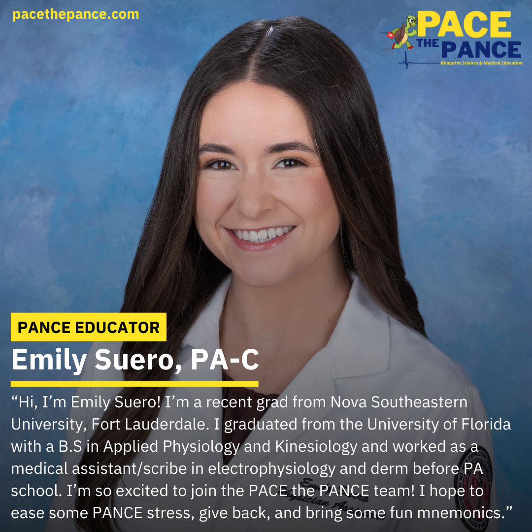 Portrait of Emily Suero, a young woman with long brown hair, smiling, wearing a white lab coat. The background is blue with text and logos promoting PACE the PANCE and healthcare education.