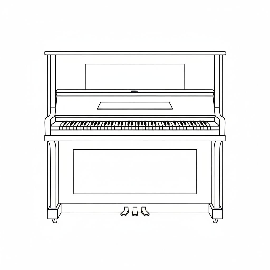 Line drawing of an upright piano with a music stand and three foot pedals.